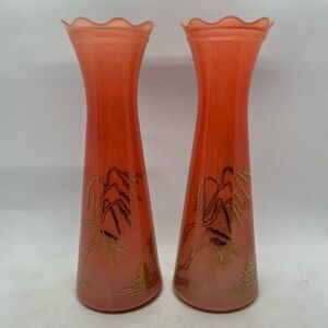 Vintage Bartlett Collins Vases Orange Glass with Gold Asian Design